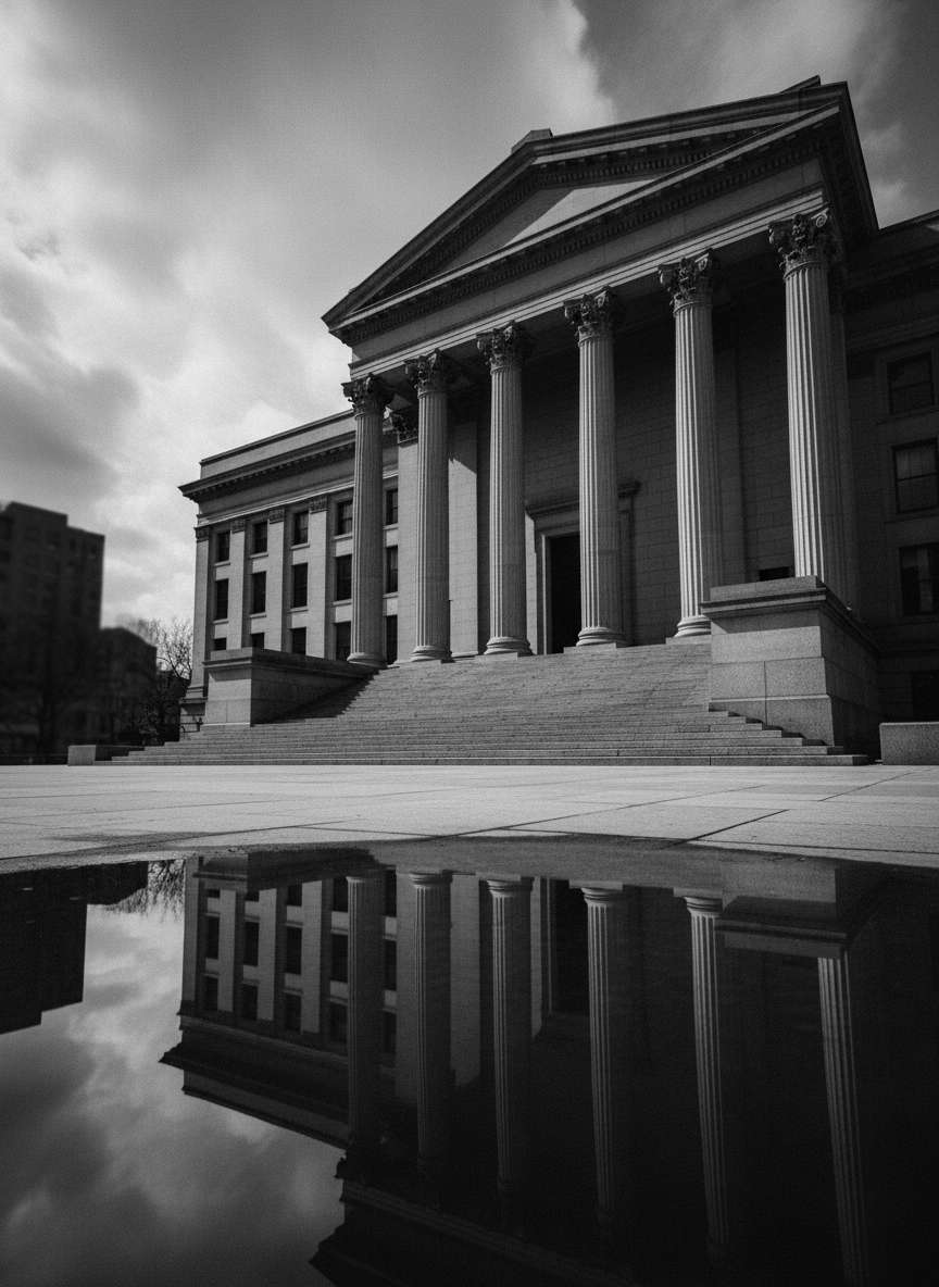 Un solemne edificio judicial de arquitectura monumental, captado en blanco y negro cinematográfico. Fachada de piedra oscura, columnas imponentes y una escalinata pulida que brilla ligeramente bajo una lluvia reciente. En los escalones, un charco refleja la fachada distorsionada, como si la justicia estuviera invertida. La escena se sitúa en una plaza desierta, rodeada de sombras urbanas apenas insinuadas. Una luz cenital fría atraviesa nubes densas, creando fuertes contrastes y largas sombras diagonales. Composición en contrapicado, enfatizando el poder opresivo de la institución, con enfoque nítido en la puerta principal entreabierta, mientras el resto se funde en un ligero grano artístico. El ambiente es tenso, grave, con una estética sofisticada de thriller político.